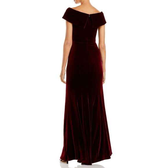 AQUA Off-the-Shoulder Fluted Velvet Gown Maxi Dress Holiday Burgundy Size 6 - Picture 2 of 11